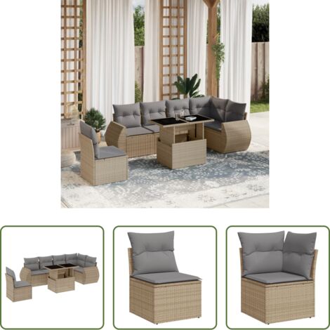 Poltrona da giardino -  Set Divani da Giardino 7 pz con Cuscini Beige in Polyrattan