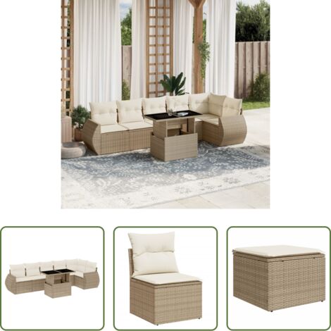 Poltrona da giardino -  Set Divani da Giardino 7 pz con Cuscini Beige in Polyrattan