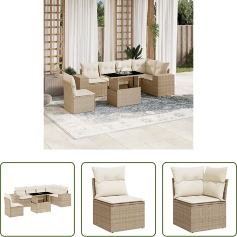 Poltrona da giardino -  Set Divani da Giardino 7 pz con Cuscini Beige in Polyrattan