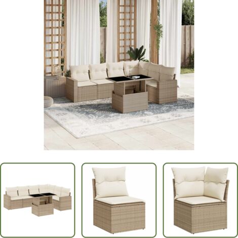 Poltrona da giardino -  Set Divani da Giardino 7 pz con Cuscini Beige in Polyrattan