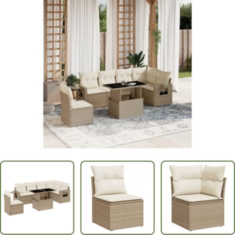 Poltrona da giardino -  Set Divani da Giardino 7 pz con Cuscini Beige in Polyrattan