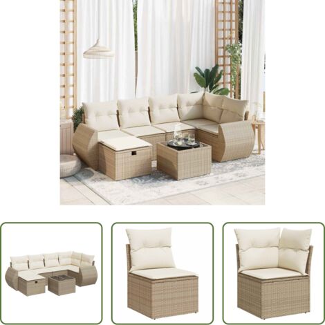 Poltrona da giardino -  Set Divani da Giardino 7 pz con Cuscini Beige in Polyrattan