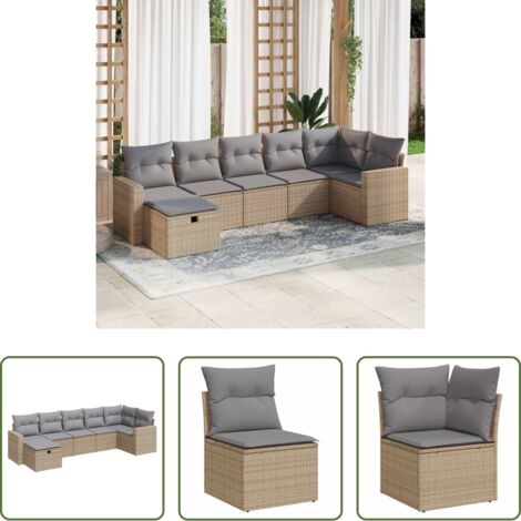 Poltrona da giardino -  Set Divani da Giardino 7 pz con Cuscini Beige in Polyrattan