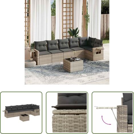 Poltrona da giardino -  Set Divani da Giardino 7pz con Cuscini Grigio Chiaro Polyrattan
