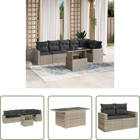 Poltrona da giardino -  Set Divani da Giardino 7pz con Cuscini Grigio Chiaro Polyrattan