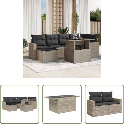 Poltrona da giardino -  Set Divani da Giardino 7pz con Cuscini Grigio Chiaro Polyrattan