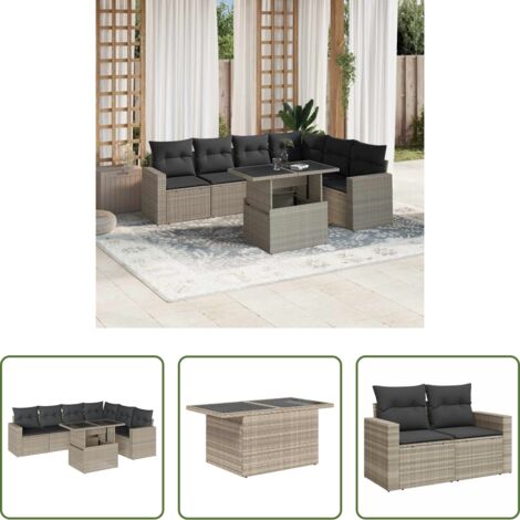 Poltrona da giardino -  Set Divani da Giardino 7pz con Cuscini Grigio Chiaro Polyrattan