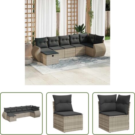 Poltrona da giardino -  Set Divani da Giardino 7pz con Cuscini Grigio Chiaro Polyrattan