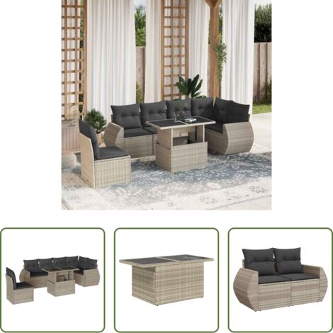 Poltrona da giardino -  Set Divani da Giardino 7pz con Cuscini Grigio Chiaro Polyrattan
