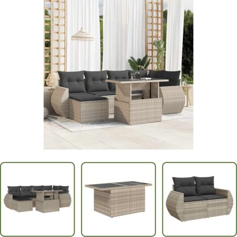 Poltrona da giardino -  Set Divani da Giardino 7pz con Cuscini Grigio Chiaro Polyrattan