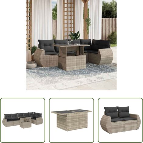 Poltrona da giardino -  Set Divani da Giardino 7pz con Cuscini Grigio Chiaro Polyrattan