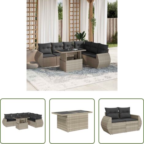 Poltrona da giardino -  Set Divani da Giardino 7pz con Cuscini Grigio Chiaro Polyrattan