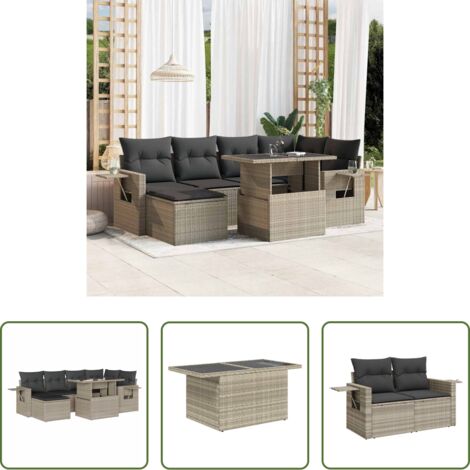 Poltrona da giardino -  Set Divani da Giardino 7pz con Cuscini Grigio Chiaro Polyrattan