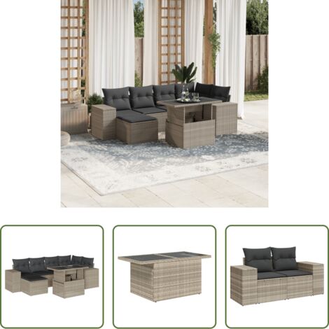 Poltrona da giardino -  Set Divani da Giardino 7pz con Cuscini Grigio Chiaro Polyrattan
