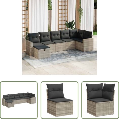 Poltrona da giardino -  Set Divani da Giardino 7pz con Cuscini Grigio Chiaro Polyrattan