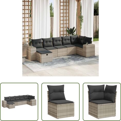 Poltrona da giardino -  Set Divani da Giardino 7pz con Cuscini Grigio Chiaro Polyrattan