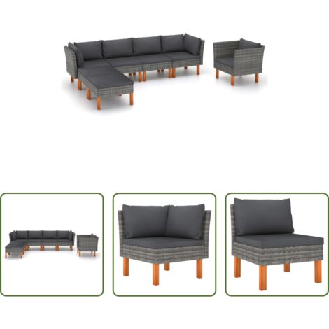Poltrona da giardino -  Set Divani da Giardino 7pz Polyrattan Legno di Eucalipto Grigio