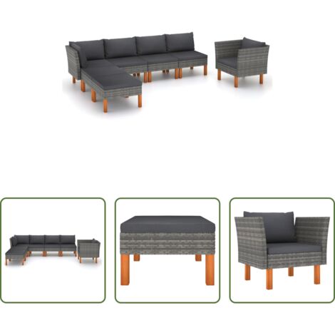 Poltrona da giardino -  Set Divani da Giardino 7pz Polyrattan Legno di Eucalipto Grigio