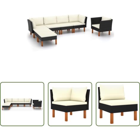 Poltrona da giardino -  Set Divani da Giardino 7pz Polyrattan Legno di Eucalipto Nero