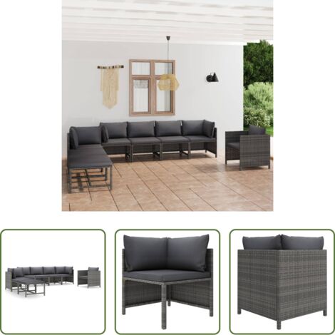Poltrona da giardino -  Set Divani da Giardino 8 pz con Cuscini in Polyrattan Grigio