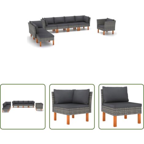 Poltrona da giardino -  Set Divani da Giardino 8pz Polyrattan Legno di Eucalipto Grigio