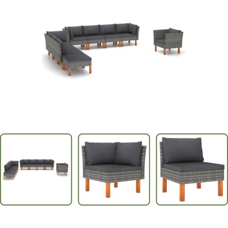 Poltrona da giardino -  Set Divani da Giardino 9pz Polyrattan Legno di Eucalipto Grigio