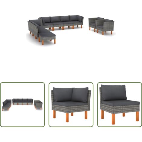 Poltrona da giardino -  Set Divani Giardino 10pz Polyrattan Legno di Eucalipto Grigio