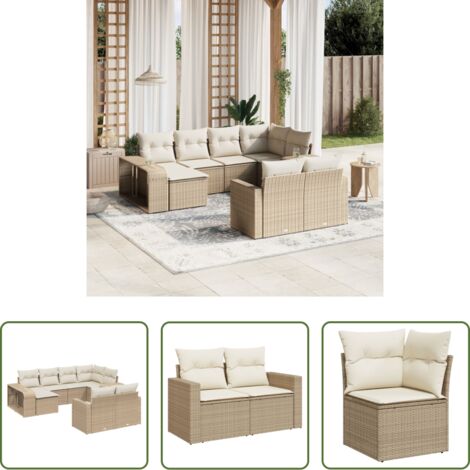 Poltrona da giardino -  Set Divano da Giardino 10 pz con Cuscini Beige in Polyrattan