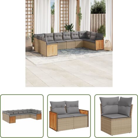 Poltrona da giardino -  Set Divano da Giardino 10 pz con Cuscini Beige in Polyrattan