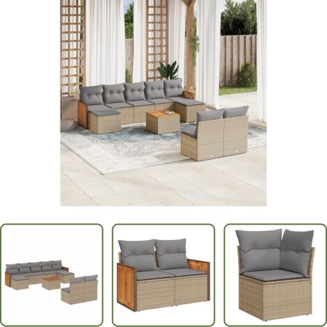 Poltrona da giardino -  Set Divano da Giardino 10 pz con Cuscini Beige in Polyrattan