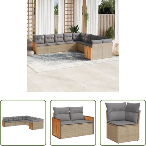 Poltrona da giardino -  Set Divano da Giardino 10 pz con Cuscini Beige in Polyrattan