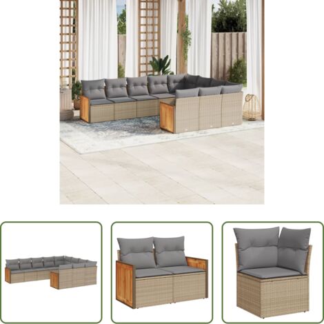 Poltrona da giardino -  Set Divano da Giardino 10 pz con Cuscini Beige in Polyrattan