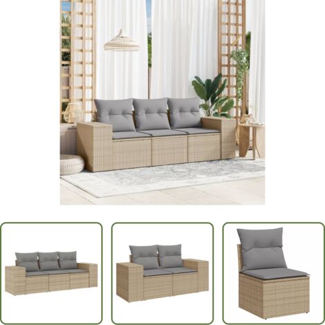Poltrona da giardino -  Set Divano da Giardino 3 pz con Cuscini Beige in Polyrattan