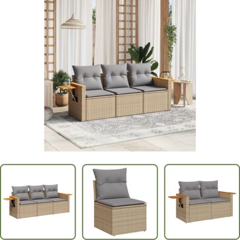 Poltrona da giardino -  Set Divano da Giardino 3 pz con Cuscini Beige in Polyrattan