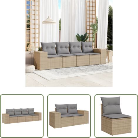 Poltrona da giardino -  Set Divano da Giardino 4 pz con Cuscini Beige in Polyrattan