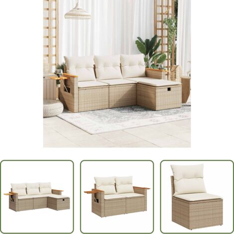 Poltrona da giardino -  Set Divano da Giardino 4 pz con Cuscini Beige in Polyrattan