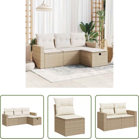 Poltrona da giardino -  Set Divano da Giardino 4 pz con Cuscini Beige in Polyrattan