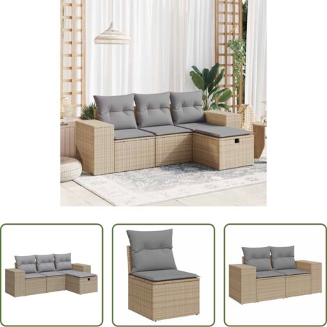Poltrona da giardino -  Set Divano da Giardino 4 pz con Cuscini Beige in Polyrattan