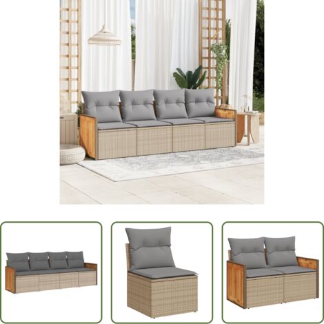 Poltrona da giardino -  Set Divano da Giardino 4 pz con Cuscini Beige in Polyrattan