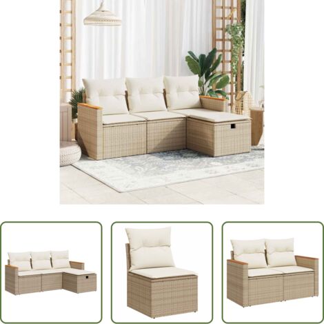 Poltrona da giardino -  Set Divano da Giardino 4 pz con Cuscini Beige in Polyrattan