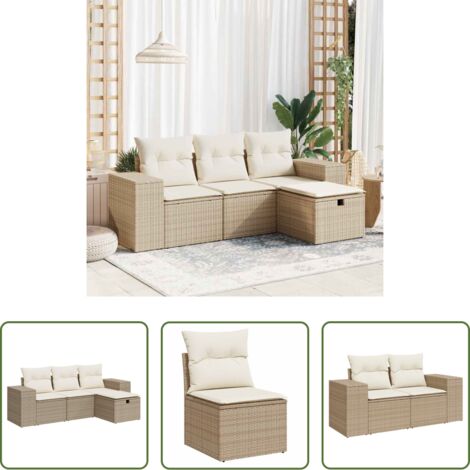 Poltrona da giardino -  Set Divano da Giardino 4 pz con Cuscini Beige in Polyrattan