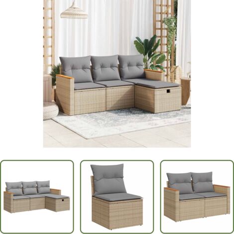 Poltrona da giardino -  Set Divano da Giardino 4 pz con Cuscini Beige in Polyrattan