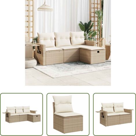 Poltrona da giardino -  Set Divano da Giardino 4 pz con Cuscini Beige in Polyrattan