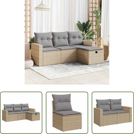 Poltrona da giardino -  Set Divano da Giardino 4 pz con Cuscini Beige in Polyrattan