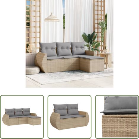 Poltrona da giardino -  Set Divano da Giardino 4 pz con Cuscini Beige in Polyrattan