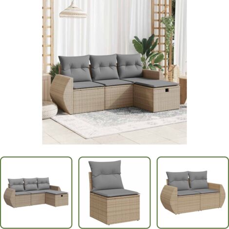Poltrona da giardino -  Set Divano da Giardino 4 pz con Cuscini Beige in Polyrattan