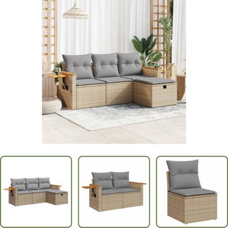 Poltrona da giardino -  Set Divano da Giardino 4 pz con Cuscini Beige in Polyrattan