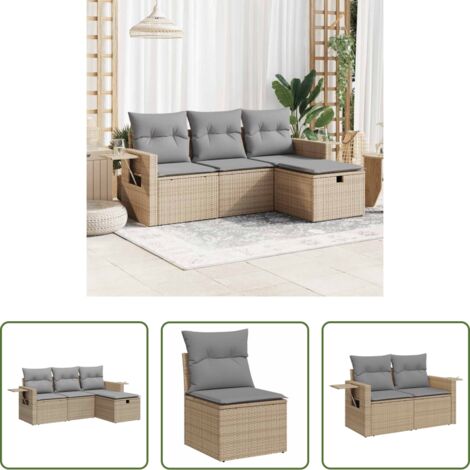 Poltrona da giardino -  Set Divano da Giardino 4 pz con Cuscini Beige in Polyrattan