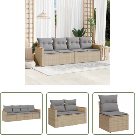 Poltrona da giardino -  Set Divano da Giardino 4 pz con Cuscini Beige Misto Polyrattan