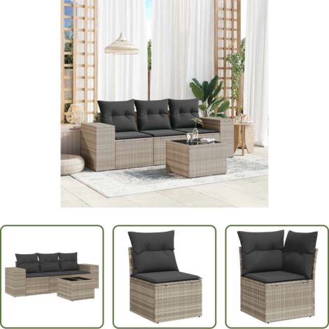 Poltrona da giardino -  Set Divano da Giardino 4pz con Cuscini Grigio Chiaro Polyrattan